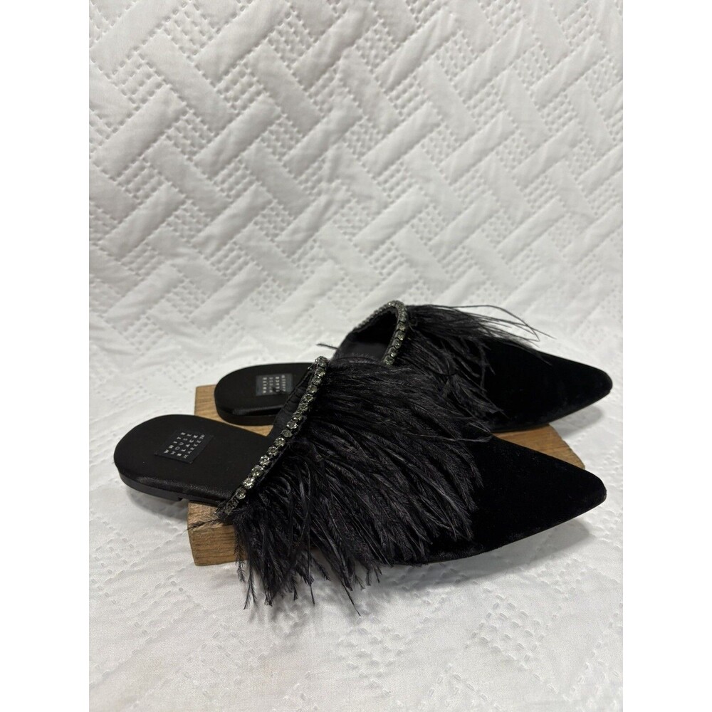 White House Black Market Blaire Feather Slides Women’s Size 8 M Black Velvet
